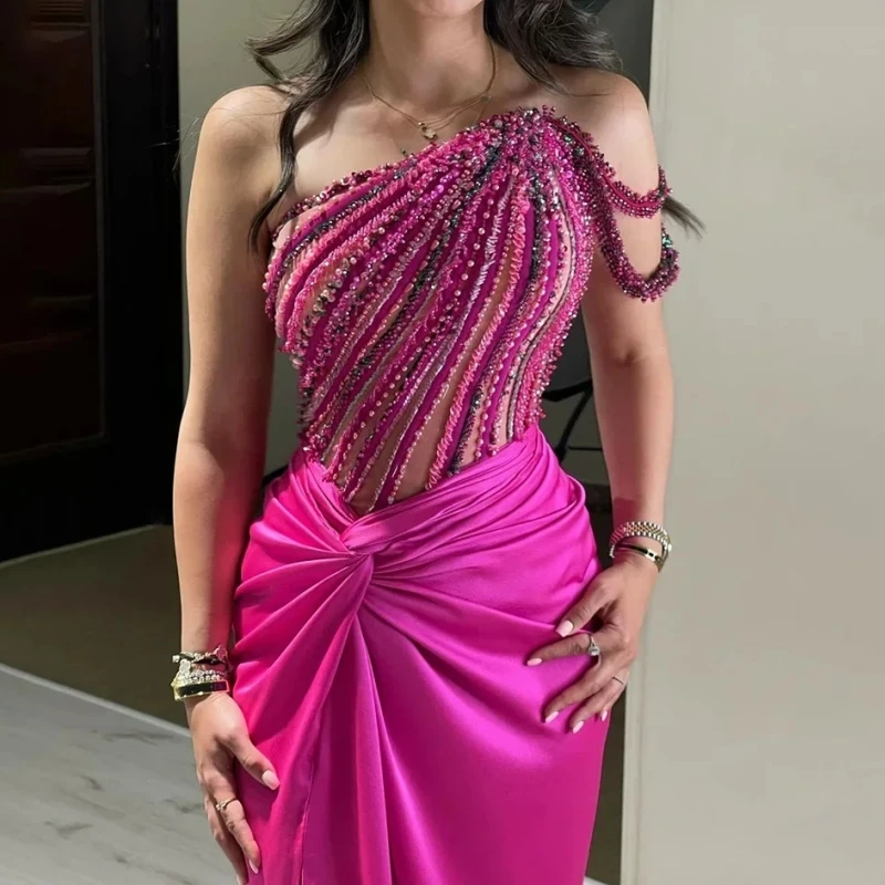 AA226 Custom Made Fuchsia One Shoulder Side Slit Mermaid Luxury Dubai Evening Gown Beaded Dress For Women's Party Formal Prom