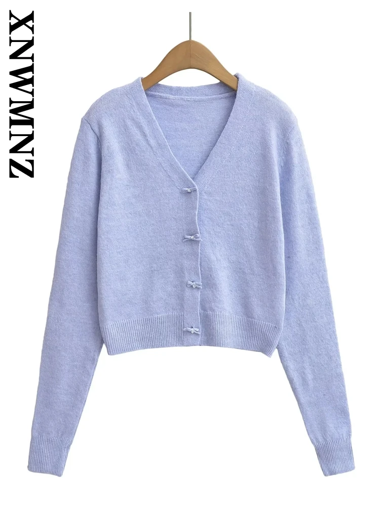 XNWMNZ 2024 Autumn Female Commuting Knitted Sweater Jacket Casual Woman V-Collar Short Outerwear Ruffles Long Sleeve Top Coat