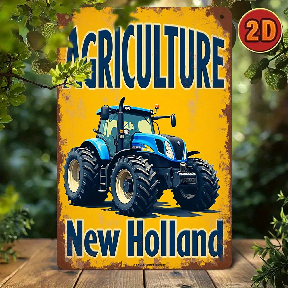 Letrero Metálico Retro Impreso en 2D con Diseño de Tractor de New Holland en Amarillo y Azul con Acabado Envejecido