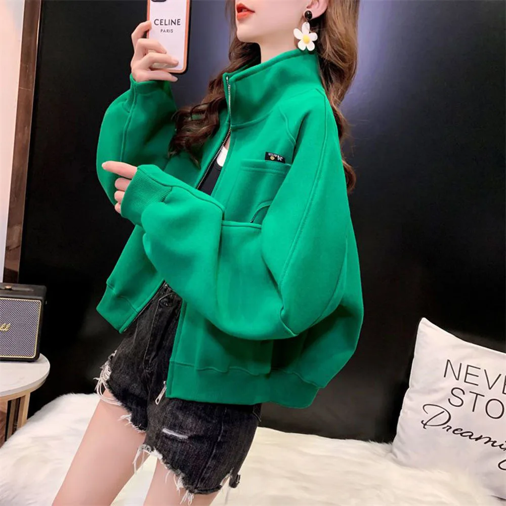 Korean Women Hoodie Coats Short Loose Zipper Sweatshirts Jacket Casual Female Tops Womens Autumn Hollow-out Off Shoulder Hoodeds