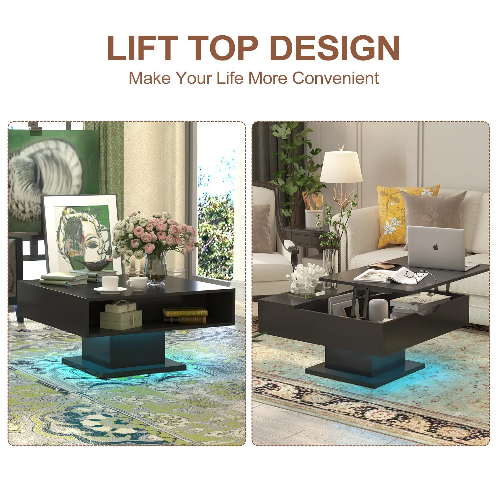 طاولة قهوة Cafe TablesLift مع مساحة تخزين واسعة ومدمجة في تصميم مربع بإضاءة LED لغرفة المعيشة الحديثة