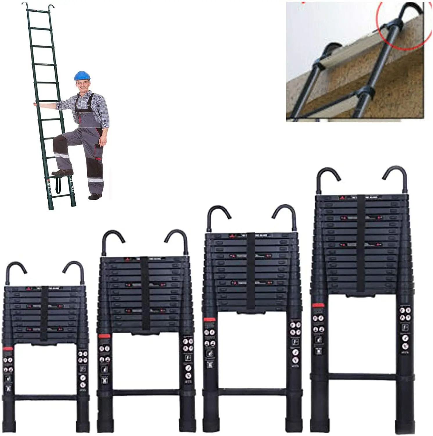DayPlus 3,2-6,2M telescopische ladder met dakhaakset Aluminium Draagbaar Multifunctioneel Opvouwbaar Draagbaar Zwaar uitgevoerd Uitschuifbaar