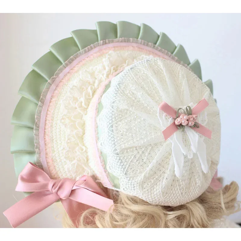 Pink Green Classic Straw Hat Lolita Girl Lace Bowknot Bonnet Flat hat Tea Party Gorgeous Fairy All-match Women Children's Cap