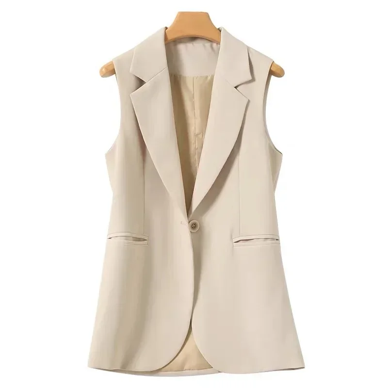 2024 Zwart Beige Vest Jas Vrouwen Koreaanse Stijl Kantoor Vest Vrouwelijke Enkele Knoppen Bovenkleding Mouwloze Blazer Vest Jas Slanke