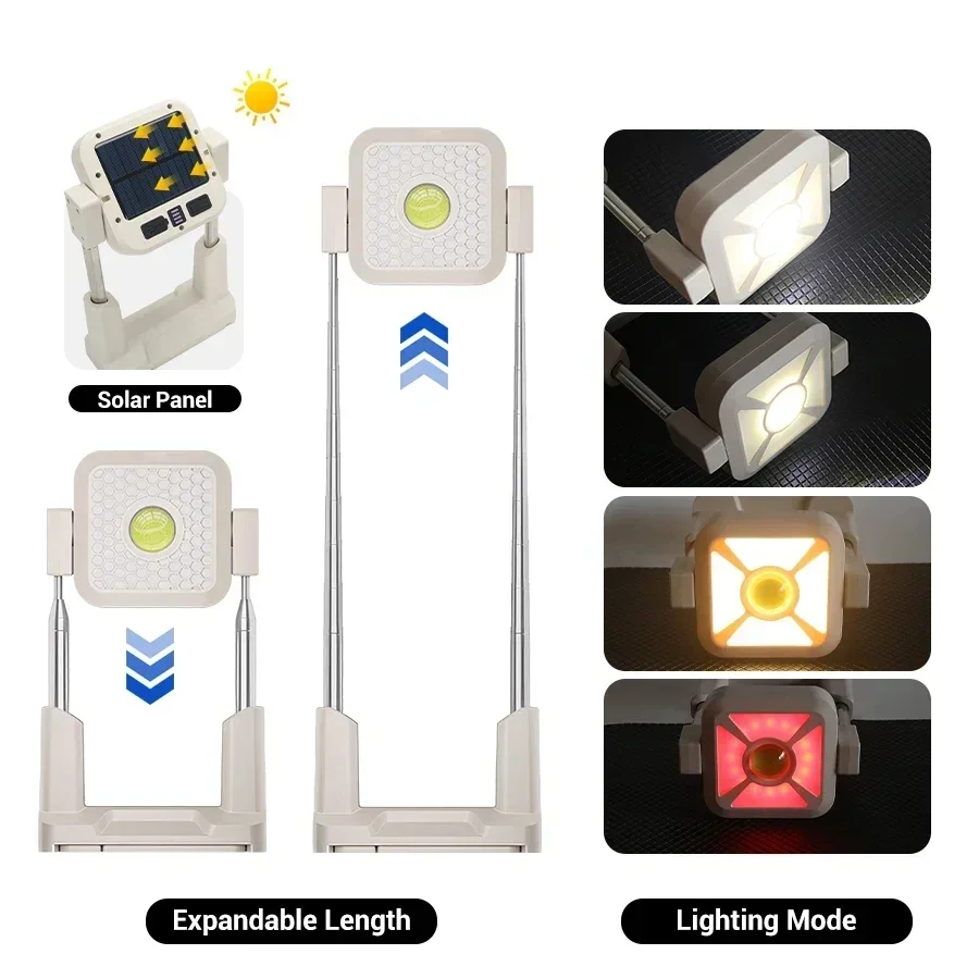 Portable Spotlights LED Solar Camping Lantern Rechargeable Super Bright Flashlight 360°Rotating Retractable Emergency Work Light
