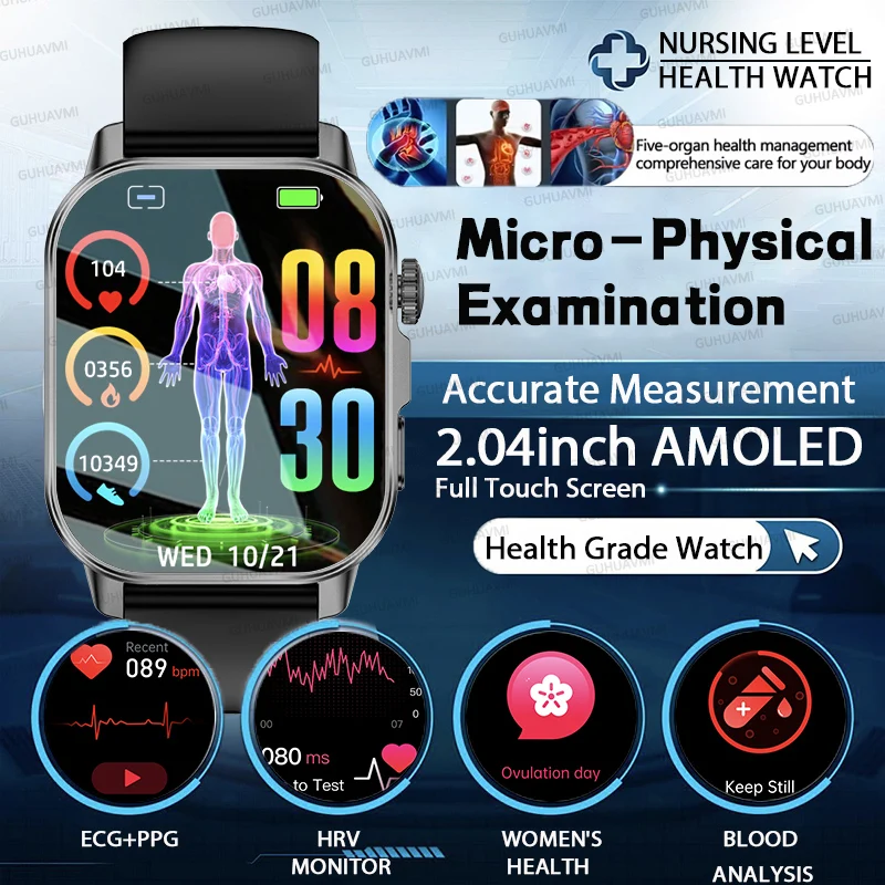 

NEW Nursing Grade AI Health Analysis SmartWatch Men ECG+PPG Uric Acid Lipid Blood Pressure HD Call NFC 2.0-inch Flashlight Watch