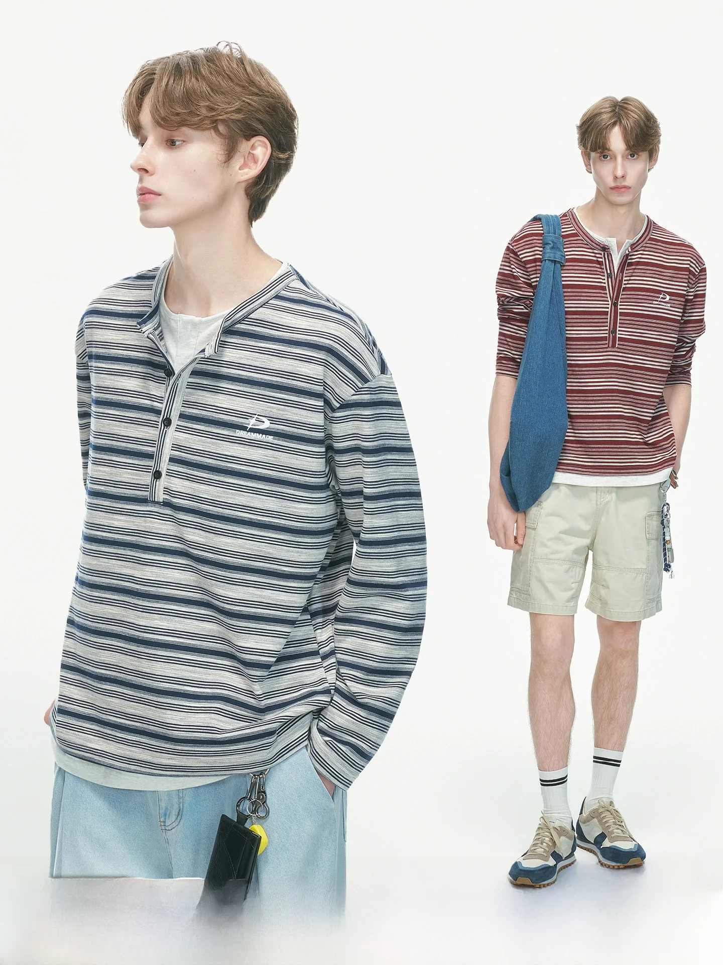 Dream Made Men's Long Sleeve Striped T-Shirt True Two-Piece Henry Collar Base Layer Shirt Comfortable Breathable Cotton Blend