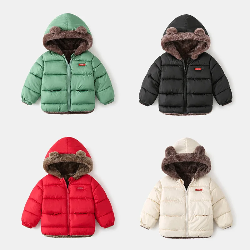 Baby Autumn Winter Kids Cotton Clothes Pocket Jacket Solid Color Ear Down Jacket Toddler Coat Long Sleeve Baby Cotton Clothes