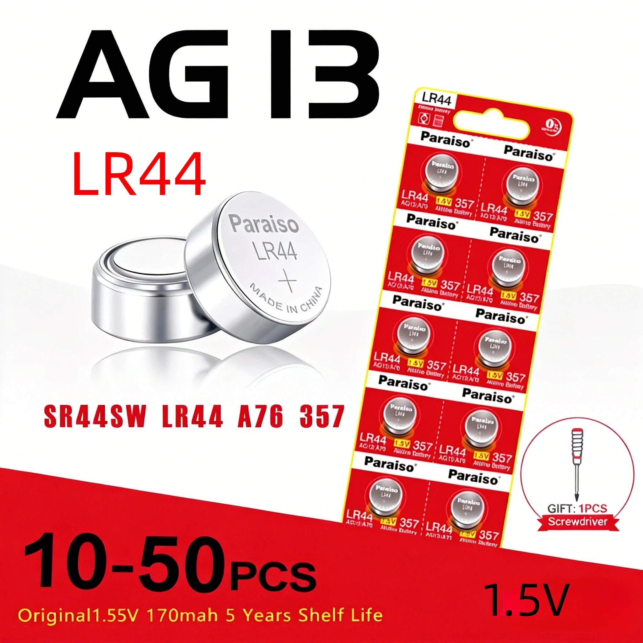 New 1.55V High-Capacity AG13 LR44 Coin Batteries - L1154 RW82 SR1154 A76 LR1154 GP7 Cells for Watches, Toys, Remotes