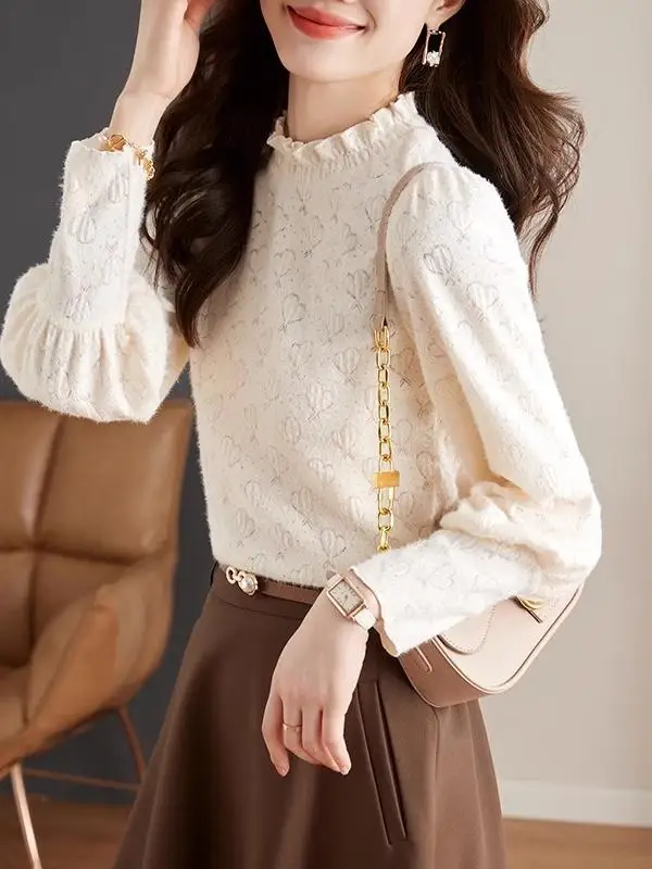 

Faionable Lace Base irt Women's f High Collar Inner Wear Top for Autumn Winter Early Spring Straight Cut Long Sve