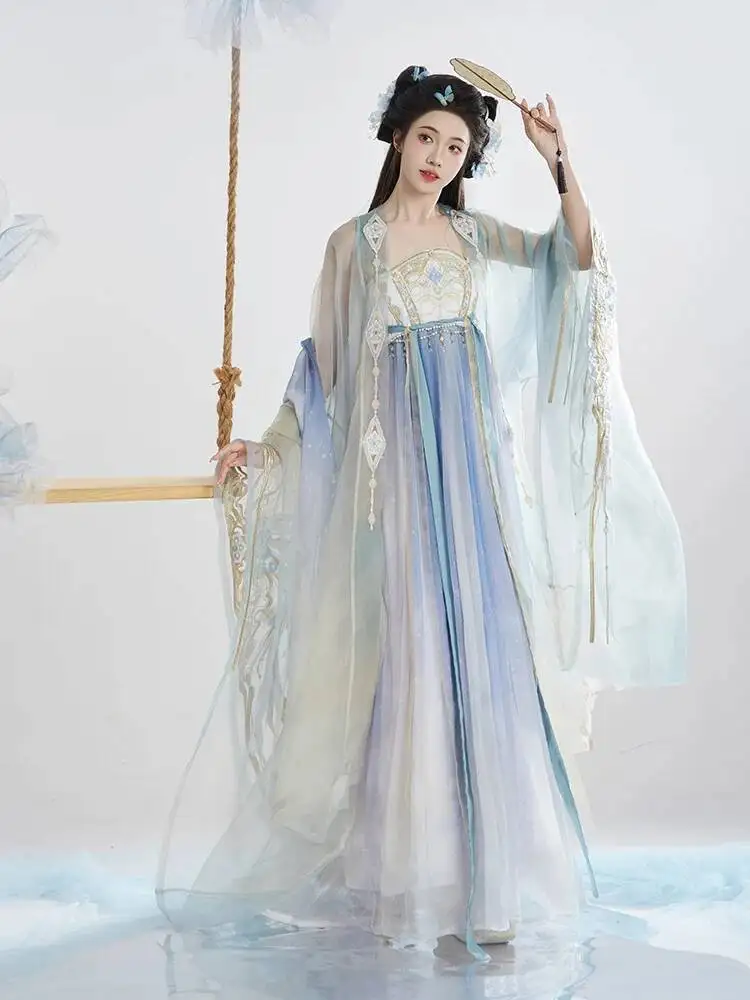 Hanfu 여자 큰 소매 셔츠 자수 요정 정장 어깨 끈 Hezi 스커트 실크에 드레이프