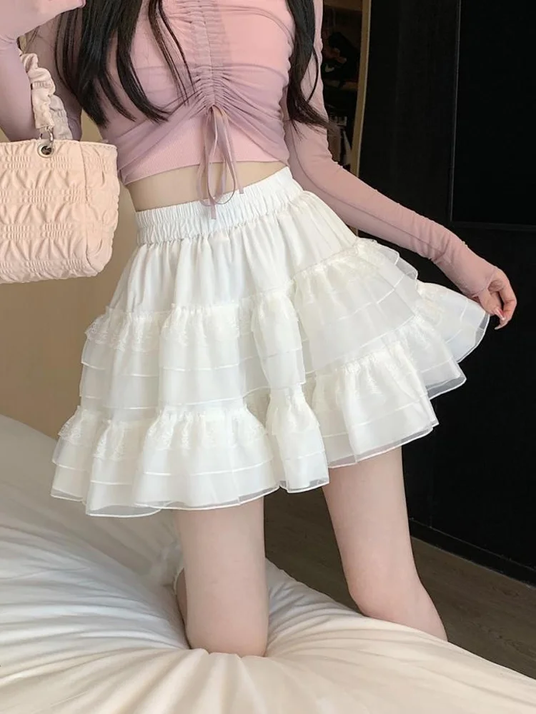 

White Lace Cake Mini Skirt for Women Summer Black Short Skirts Ballet Style Korean High Waist White Mesh Puffy Cute A-line Skirt