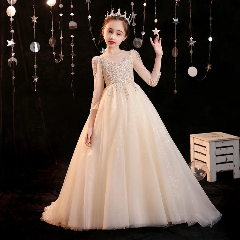 

Детское платье со шлейфом, платье принцессы с цветочным узором для девочек, пышное фатиновое платье для выступлений для девочек, модное весеннее платье для выступлений на фортепиано