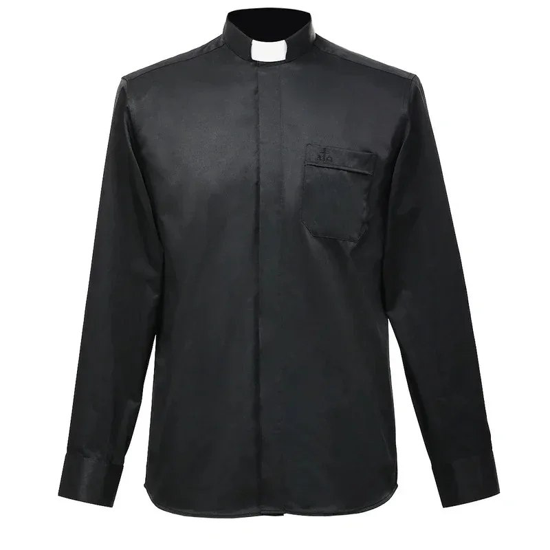 

AA wat Shirt Pastor Clergy Stand-up Collar Minister Preacher Long Sleeve Tops Roman Shirts Haut Noir Priest Cost2025 New