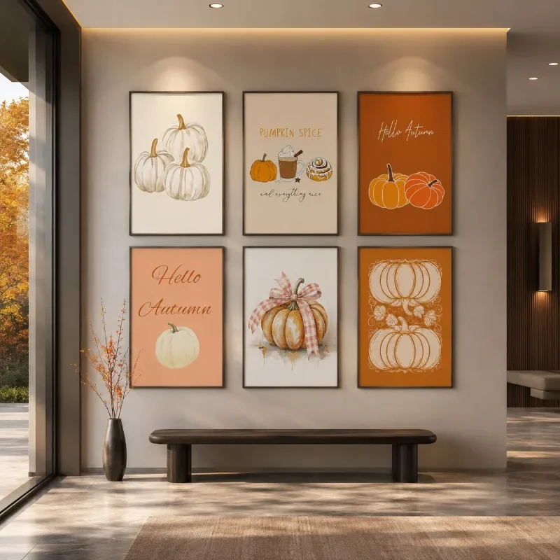 Fall Pumpkin Canvas Gallery Wall Prints Hello Autumn Pumpkin Spice Typography Wall Art Farmhouse Thanksgiving Home Decor Gift