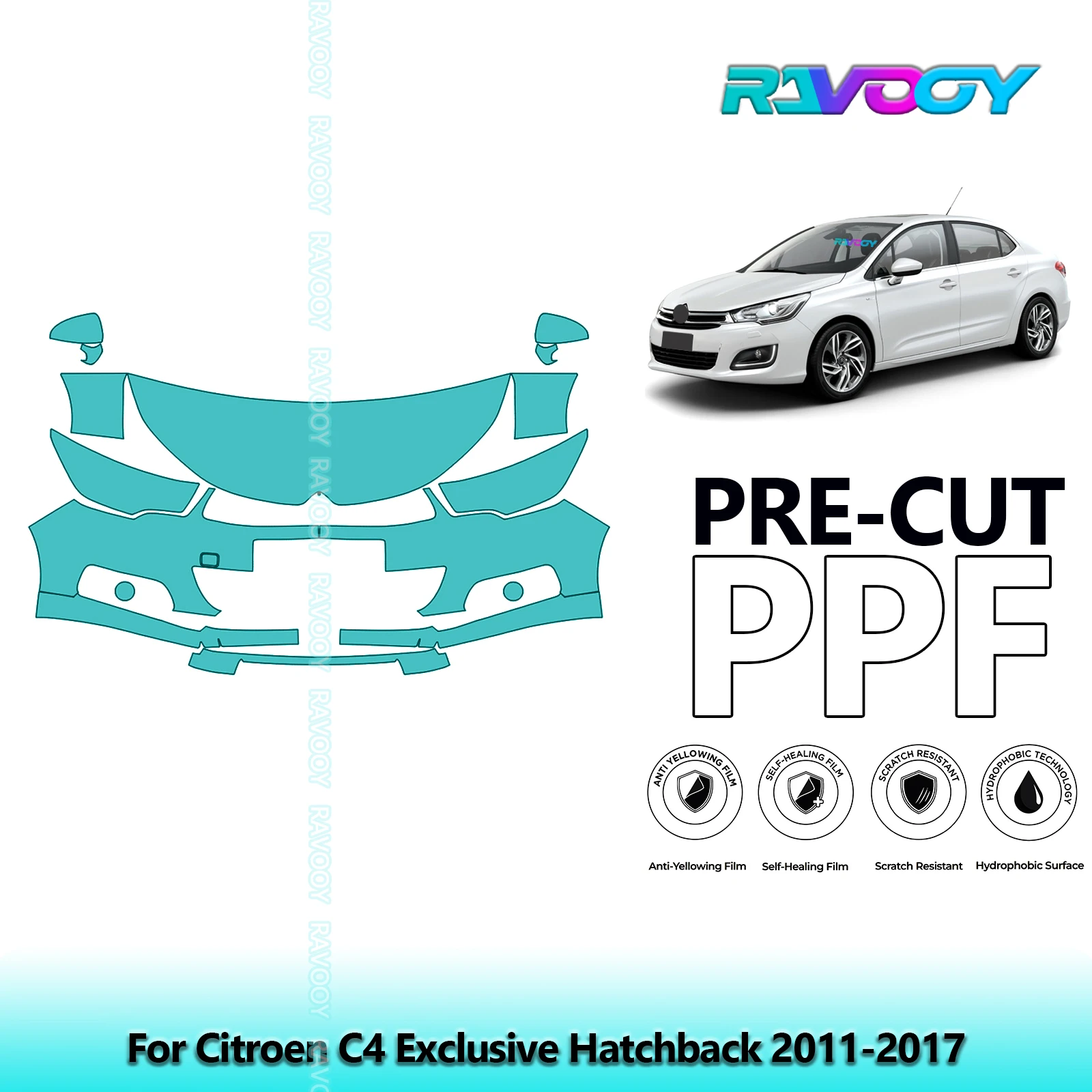 For Citroen C4 Exclusive Hatchback 2011-2017 Partial Front Pre-Cut Paint Protection Film PPF Stone Chip Kit | Clear/Matte/Black
