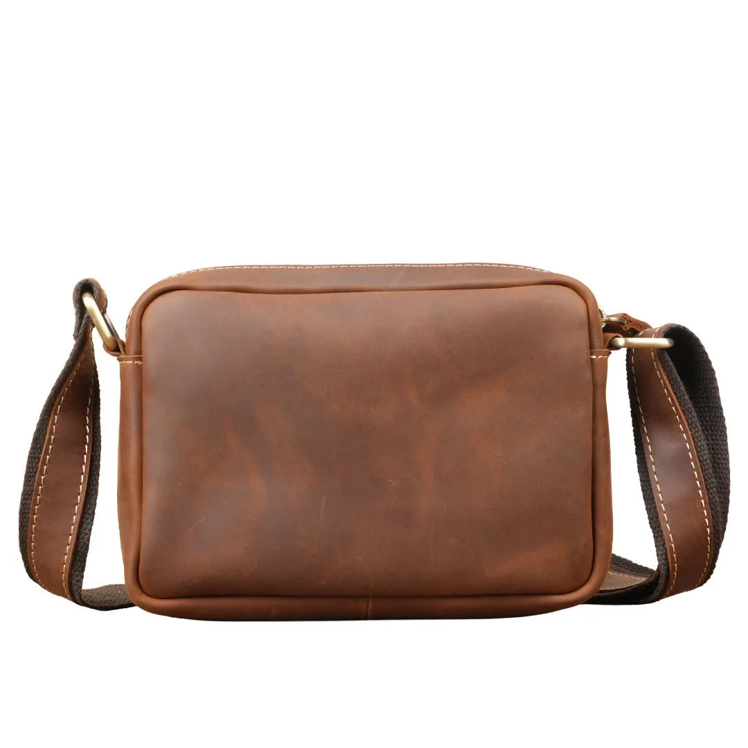Retro Crazy Horse Cowhide Sling Crossbody Bag, Wear Resistant Genuine Leather Adjustable Strap Travel Shoulder Bag for Men Women