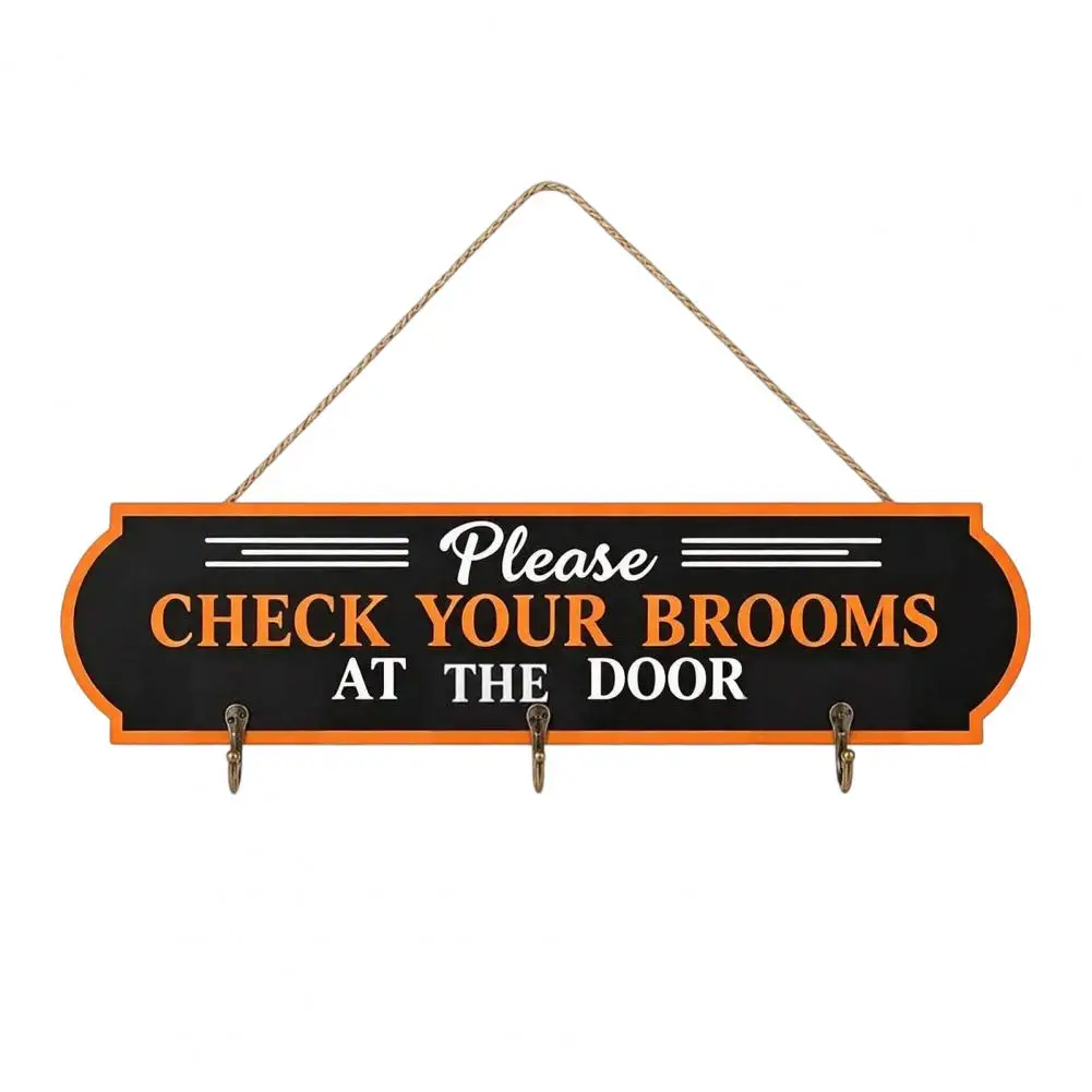 Wooden Witch Broom Decor Halloween Broom Parking Sign with Hooks Wooden Wall Hanging Porch Decor Indoor Outdoor Hocus Pocus