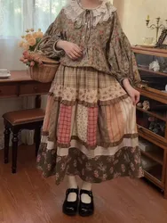 2025 New Spring Women Vintage Elastic Waist Skirts Sweet Patchwork Floral Casual Japanese Mori Girl Cotton Linen A-Line Skirt