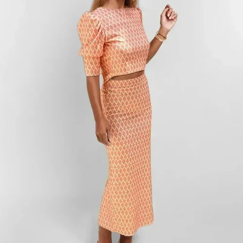 Imagen 1 del producto Conjunto de Top y vestido con mangas abullonadas y estampado geométrico elegante, conjunto de 2 piezas de tela de noche sin espalda con temperamento y cuello redondo, trajes de falda con abertura a la moda de verano
