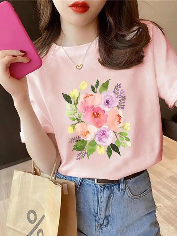 Camiseta con estampado de cuello redondo para mujer, camiseta de manga corta con estampado de flores a la moda, ropa de tendencia de los años 90, camiseta estampada