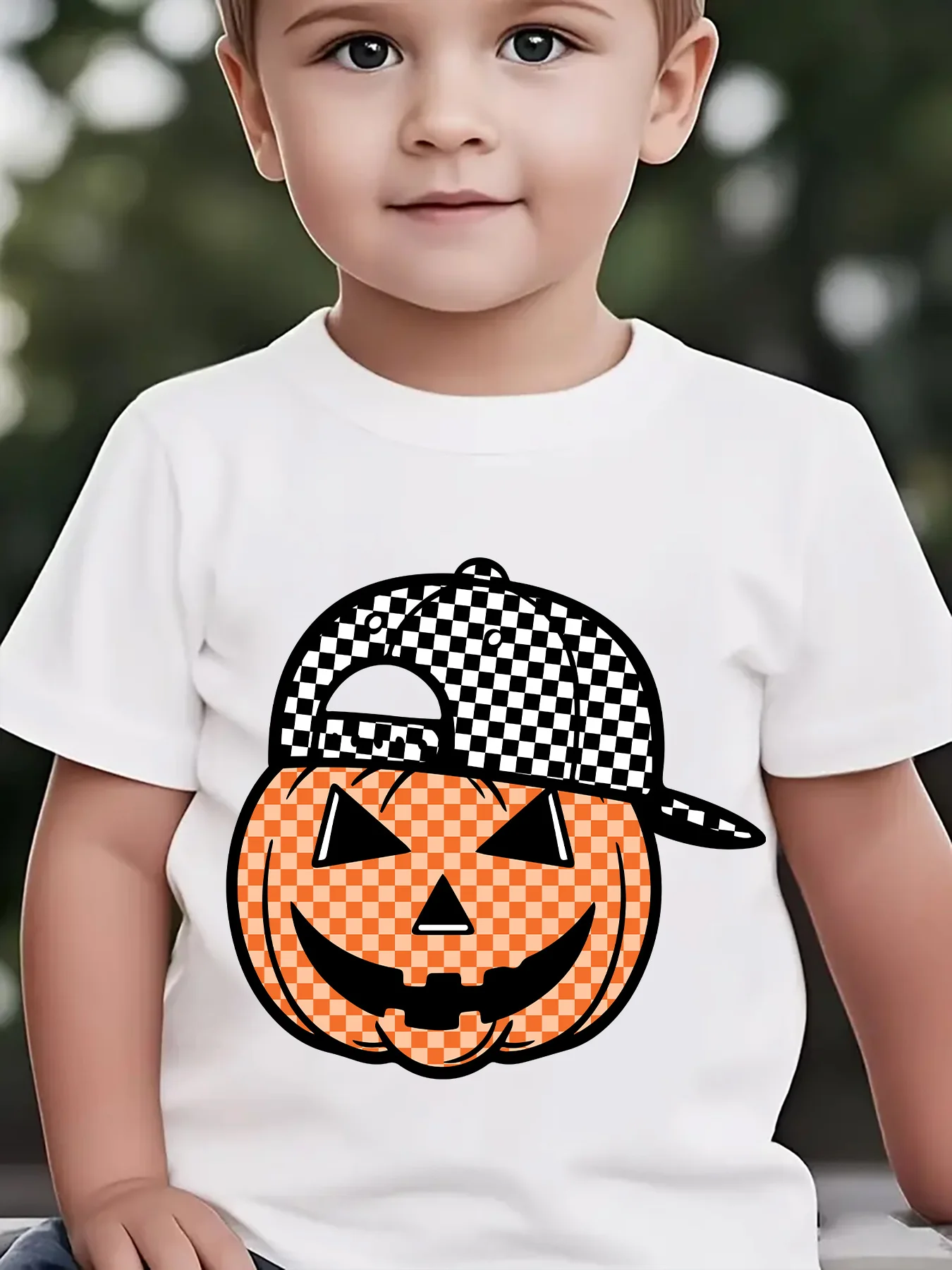Kids Halloween Checkered Pumpkin Graphic Tee Boys Girls Family Matching Short Sleeve Spooky Holiday Cartoon Casual Wear T Shirt