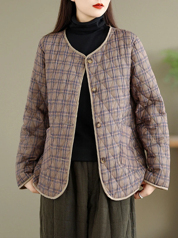 

Retro Artistic Autumn Winter Women's ort Cotton Jaet Loose Fit Plaid Casual Slimming Coat Korean Sle round Ne Long Sl...