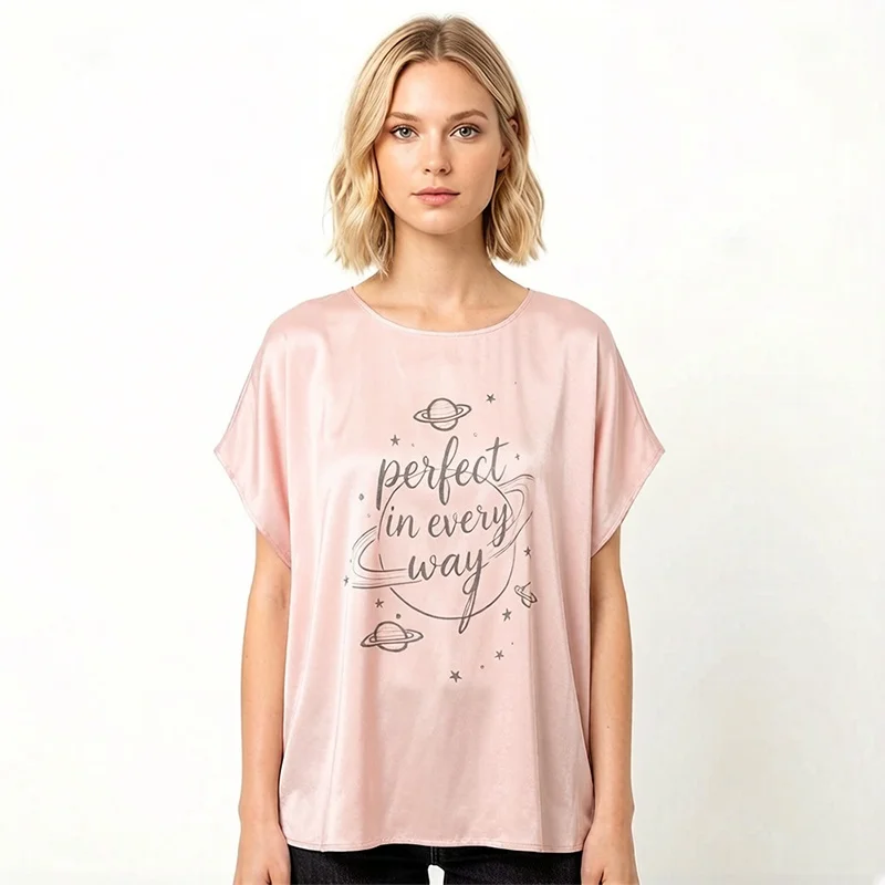 93% Mulberry Silk 7% Spandex Loose Type Pink Letters Printed Cap Sleeve Women Silk Shirt Casual Top Blouse Pullover Summer M1687