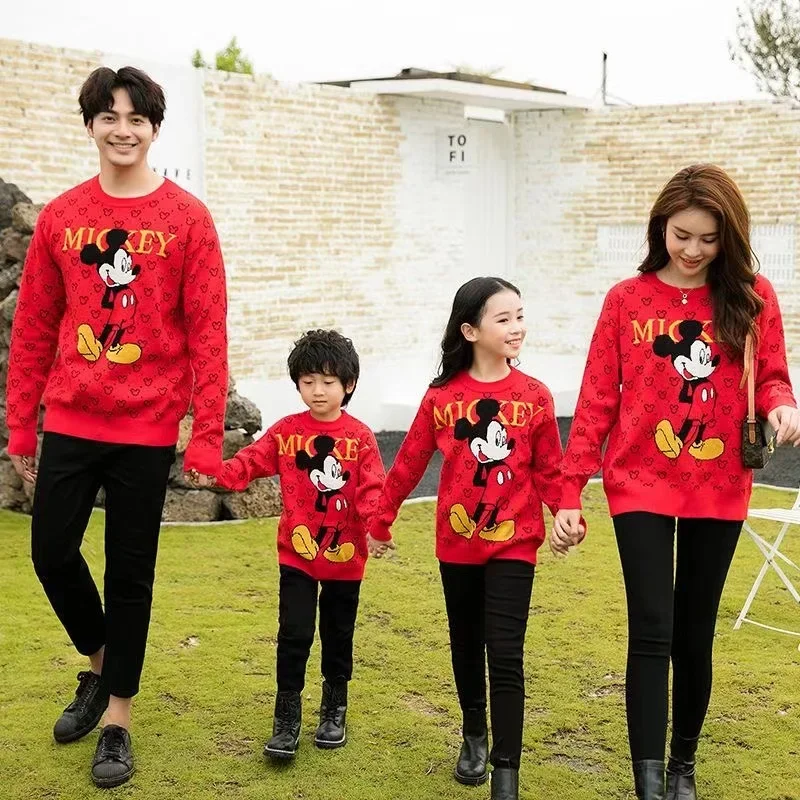 Winter Family Matching Clothes Sweaters Cartoon Mickey Mouse Print Mother Daughter Father Son Long Sleeve Top Coat Mommy Outfit
