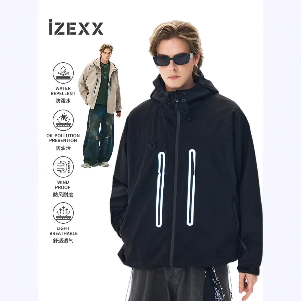 Outdoor Reflective Hooded Jacket for Couples Men's Hiking Camping Windbreaker Mountaineering Coat Outerwear