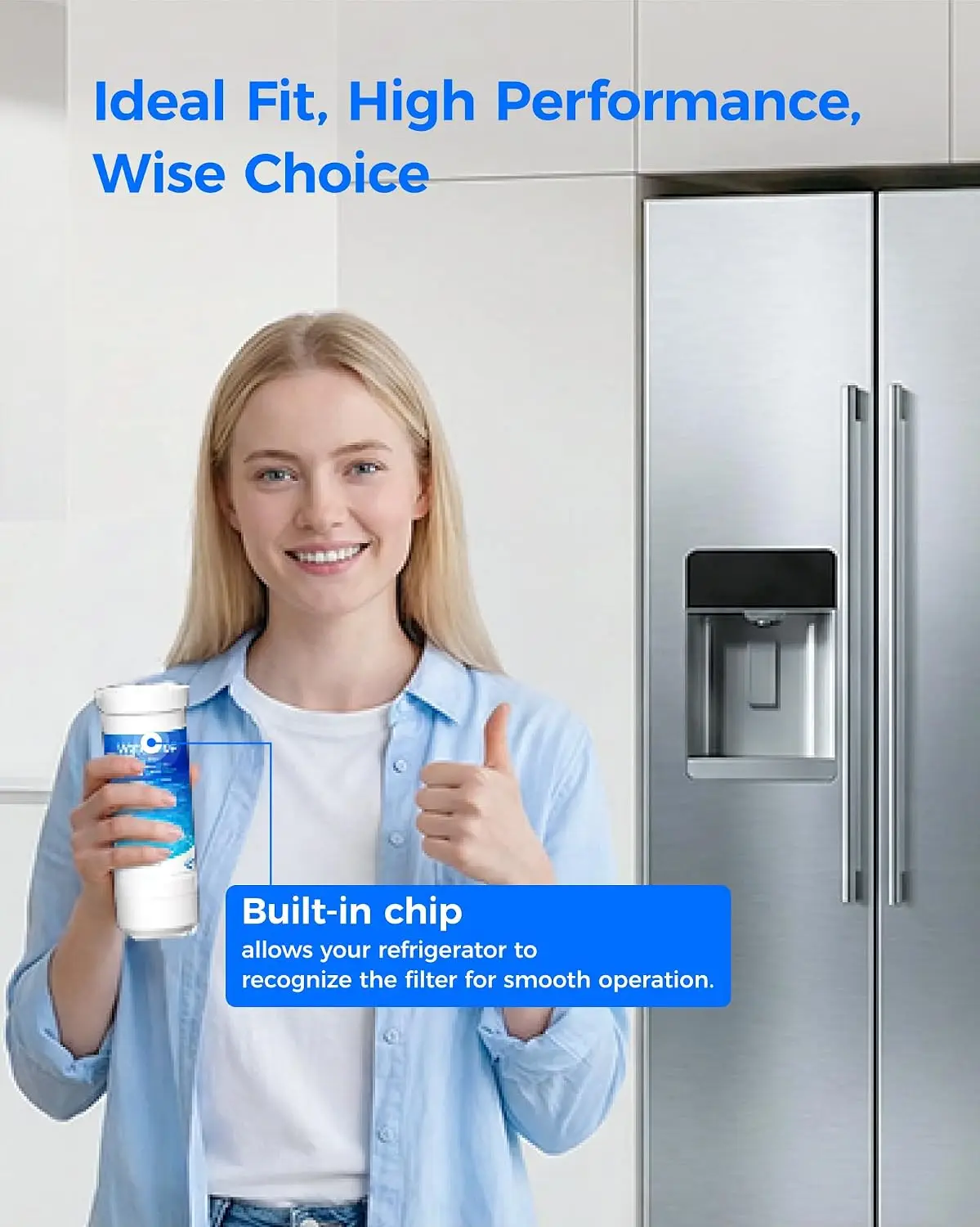 Water Filter Cartridge Replacement with Built-In Chip, 3 Pack, Compatible with Select Refrigerator Water Filtration Systems