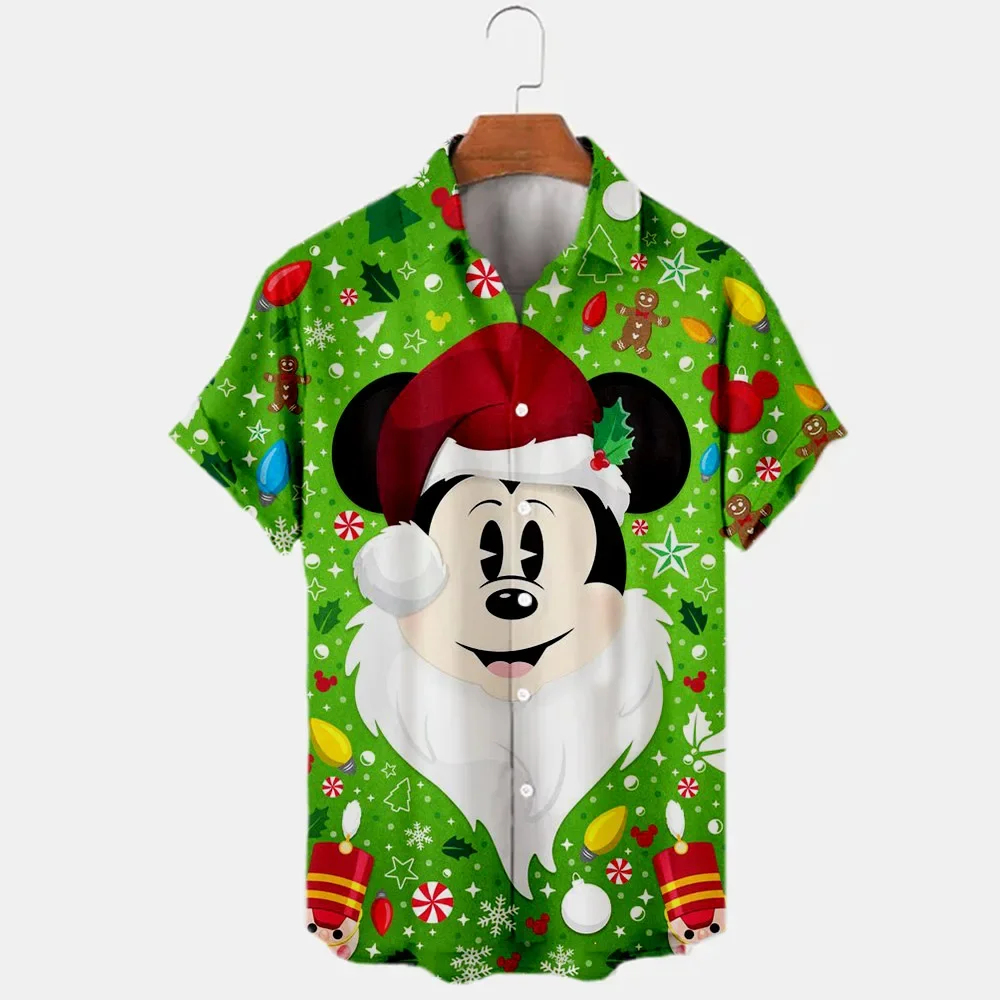 Disney-Mickey Mouse Masculina e Feminina Camisas Havaianas de Natal Manga Curta, Camisa de Praia Casual, Camisa de Botão