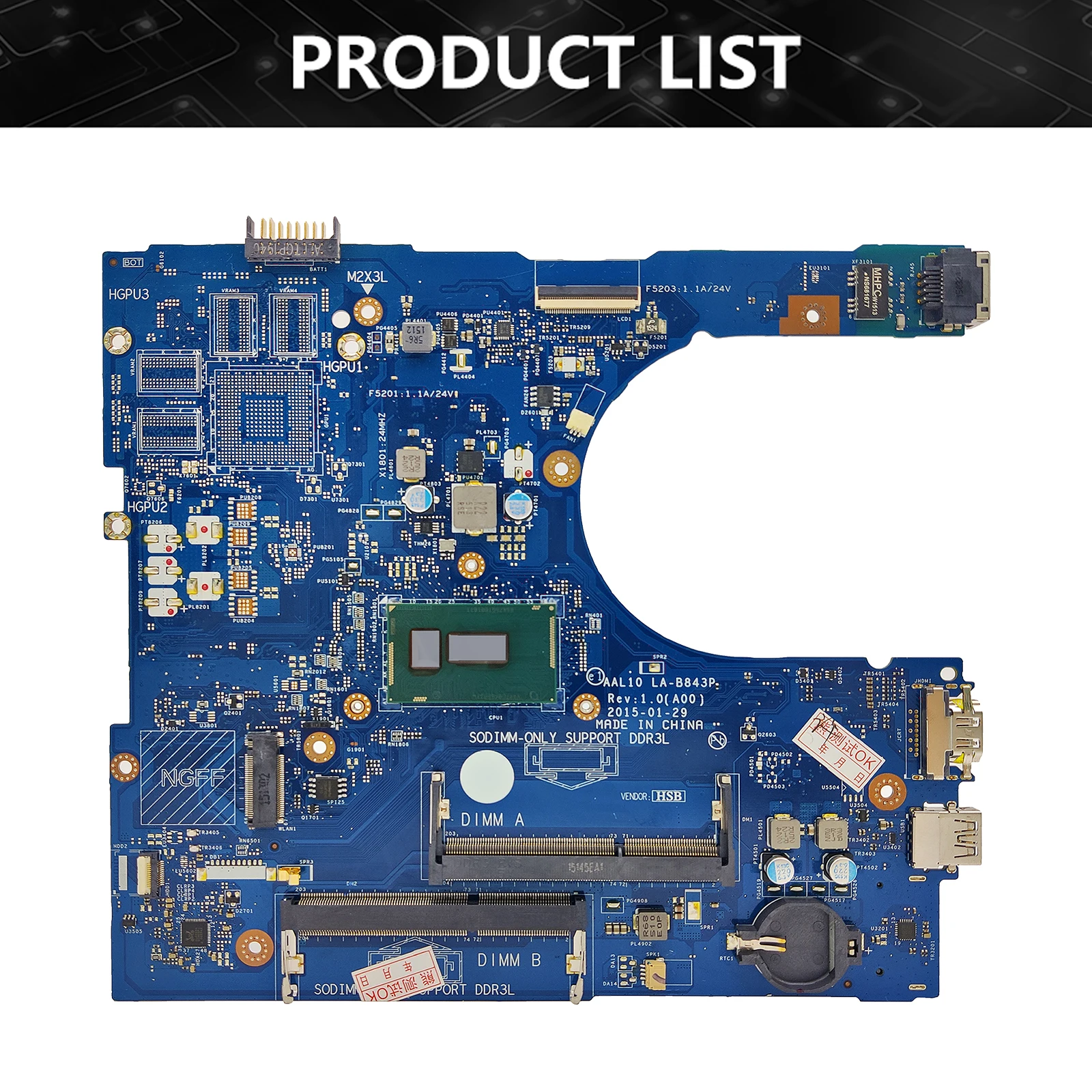 FOR Dell Inspiron 14 5458 15 5558 Laptops Motherboard AAL10 LA-B843P With I7-5500U CPU CN-0XCFXD