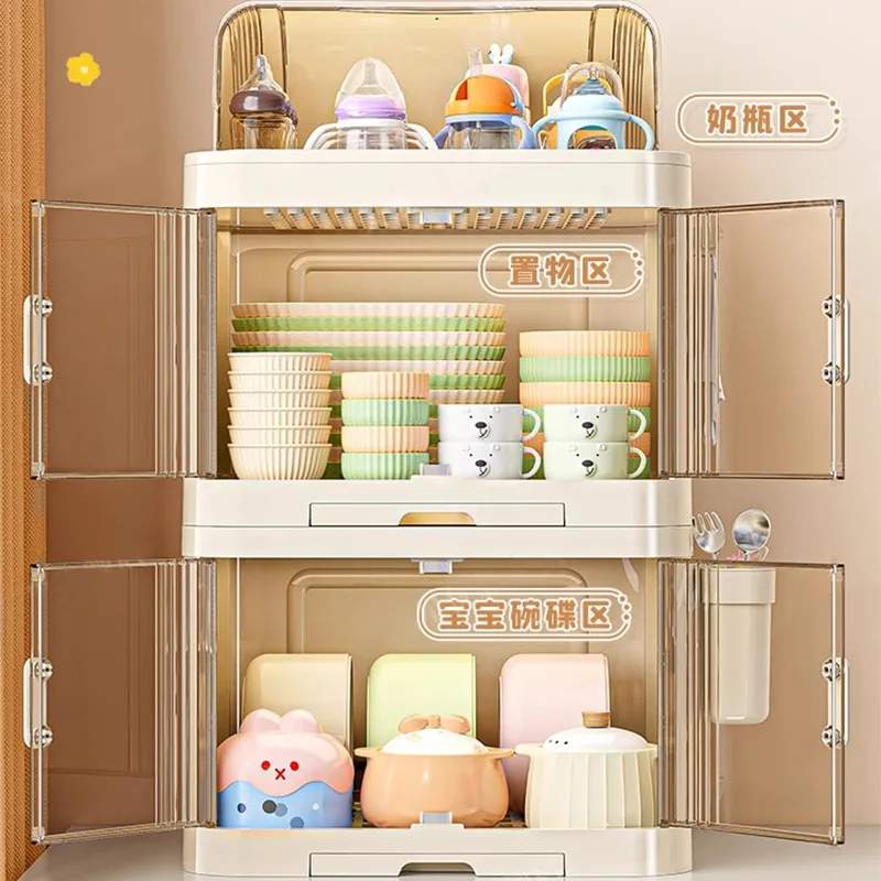 Freestanding Pp Dish Storage Cabinet Two Or Three Tier Magnetic Door Organizer Pull Out Drainage Trays Washable Kitchen Bowl