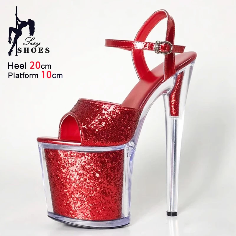 

Красные сандалии на очень высоком каблуке 20 см. Летняя модельная обувь для подиума. Туфли на шпильке с прозрачной платформой и блестками 10 см.