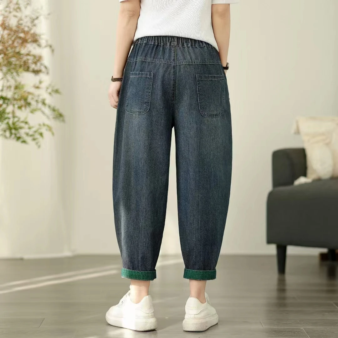 

Loose Mom Jeans Women's Casual Versatile Summer New Sle plus Size Harlan Pants Comfortable Fit Nine Points l Waist