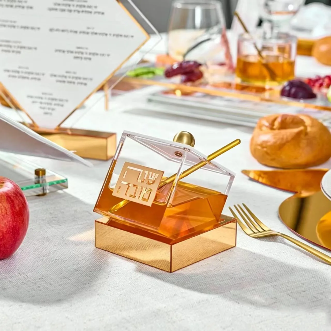 Judaica Acrylic Honey Dish Jar with Honey Dipper Shana Tova Hebrew Table Decor Honey Container with Base for Rosh Hashanah Gift image 3