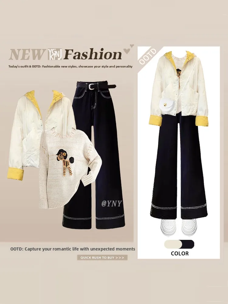 冬用大きいサイズレディースカレッジ風スレカラーブロフード付きコットンジャケットハイウエストジーンズツーピースセットアンチエイジング全身コーデ