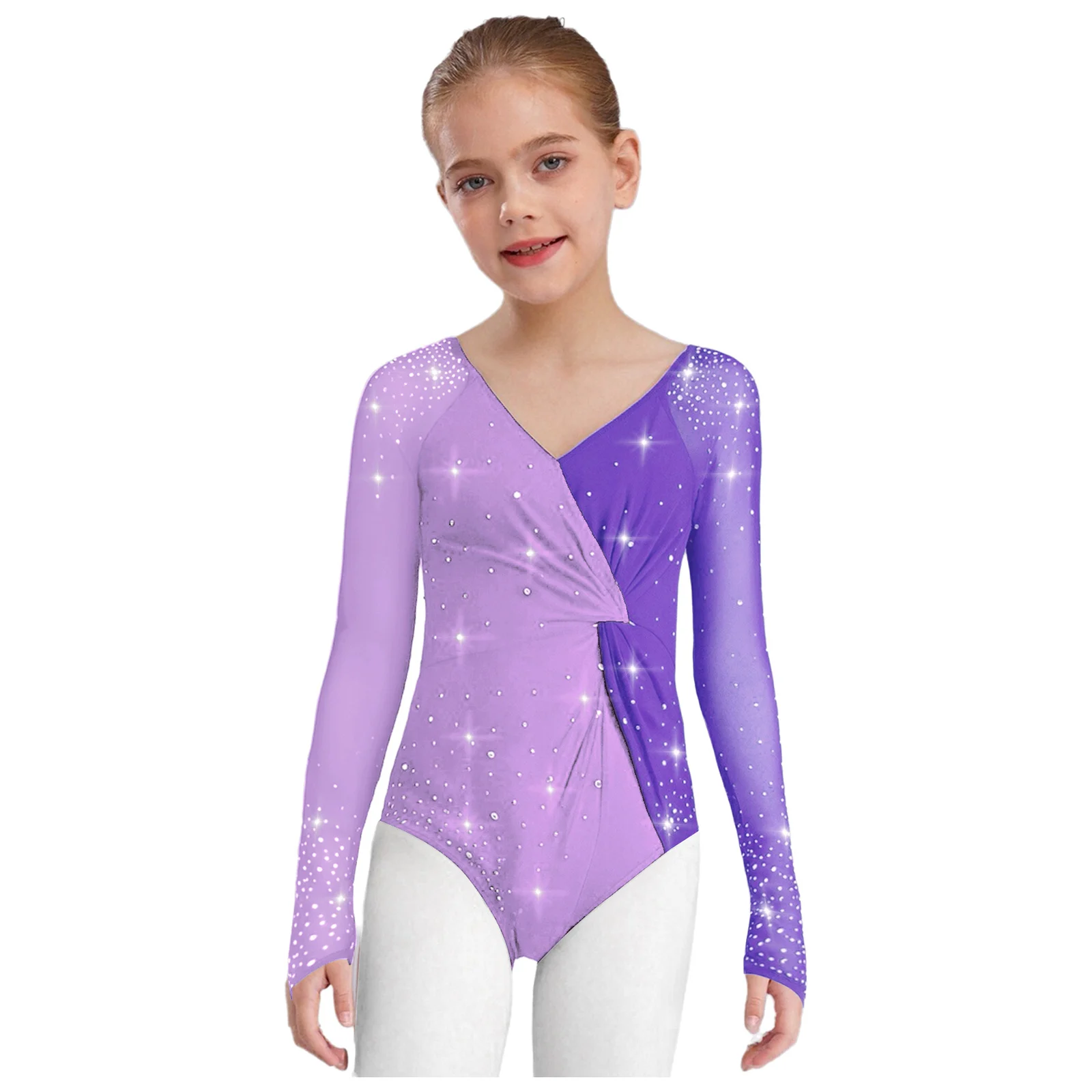 

Girls Ballet Dance Leotard Sheer Mesh Cross Knot Shiny Rhinestone Color Block Gymnastics Costume Figure Skating Bodycon Bodysuit