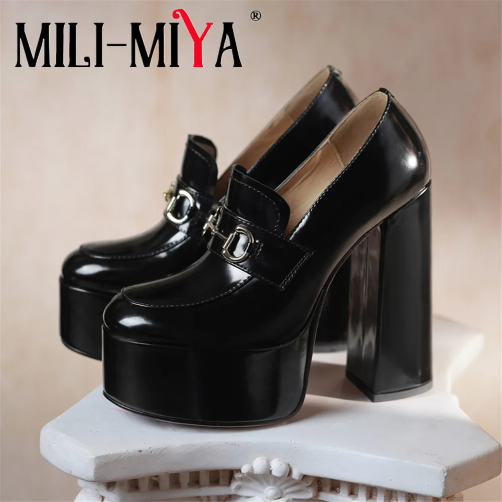 

MILI-MIYA Ladies' New Waterproof Platform Ultra-High Chunky Heel Cow Leather Pumps With Classic Metal Buckle - Plus Sizes Dress