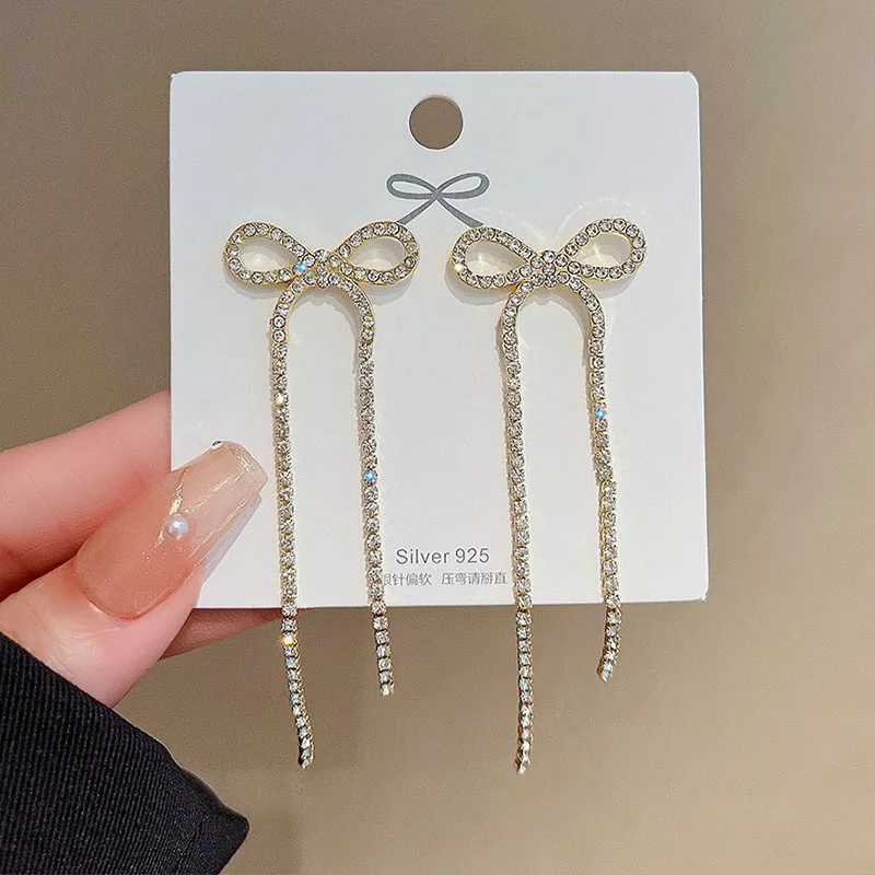 Pendientes Largos de Plata 925 con Lazo de Cristal y Borlas, Estilo Coreano, para Mujer, Joyería de Moda 2025, Pendientes de Perlas con Lazo Z40