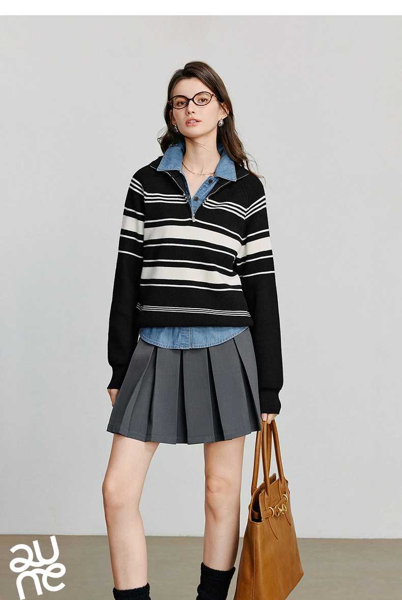 TOYOUTH Women Knitted Sweater 2026 Autumn New Fashionable Style Striped Zipper High Collar Woolen Pullover Sweater Tops
