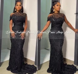 Elegant Black Diamonds Evening Dresses2025 Elegant One Shoulder Sleeve Beaded Applique Black Girls vestido femininos Customised