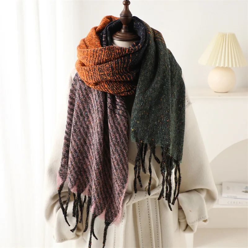 2024 Matching Geometric Stripe Scarf Imitation Cashmere Winter Warm Scarves Men Women Thickening Neck Warmer Soft Tassel Shawl