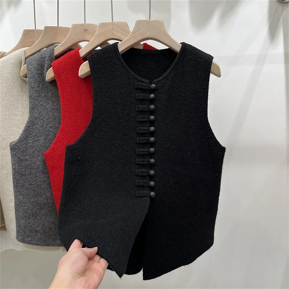 Cardigan tendance sans manches, gilet, nouveau printemps automne, Vintage, col rond, boutons solides, tricoté, vêtements pour femmes, hauts basiques