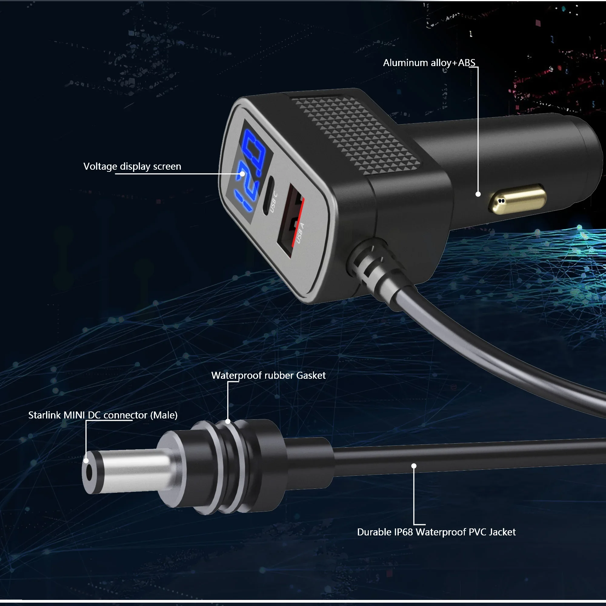 For Starlink Mini 100w 3-in-1 Car Charger with 2m/3m Type-C USB to DC Cable LED  insert the car cigarette lighter hole fit Mini