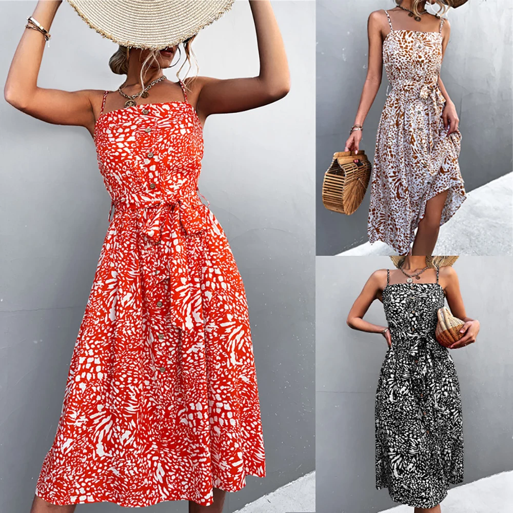 

Fashion Spaghetti Strap Maxi Dress Summer Women Leopard Print Slash Neck Sexy Sleeveless Backless Long Dresses Elegant Vestidos