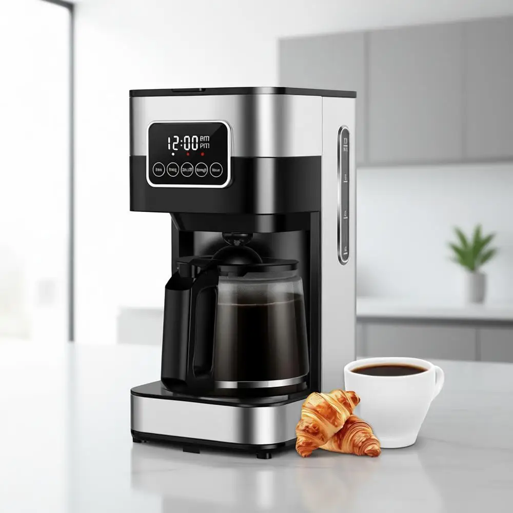 

10-Cup Programmable Coffee Maker - Brew Regular or Strong, Auto-Off, Permanent Filter, Silver for Home and Office