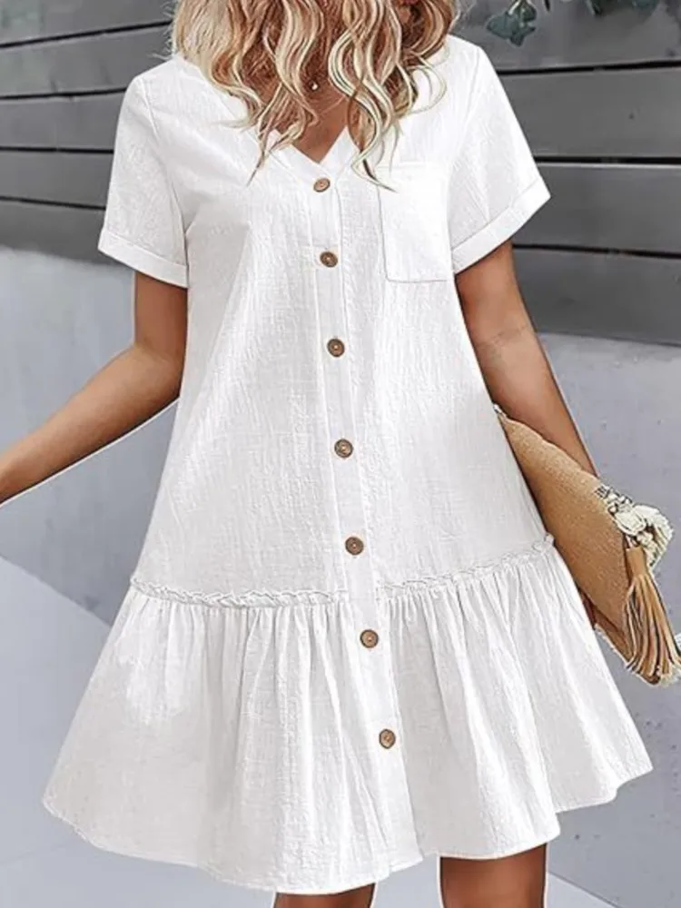 

Casual Solid Ruffles Dress For Women Fashion Short Sleeve V Neck Button Dresses Lady Summer Holiday Streetwear Womens Clothing