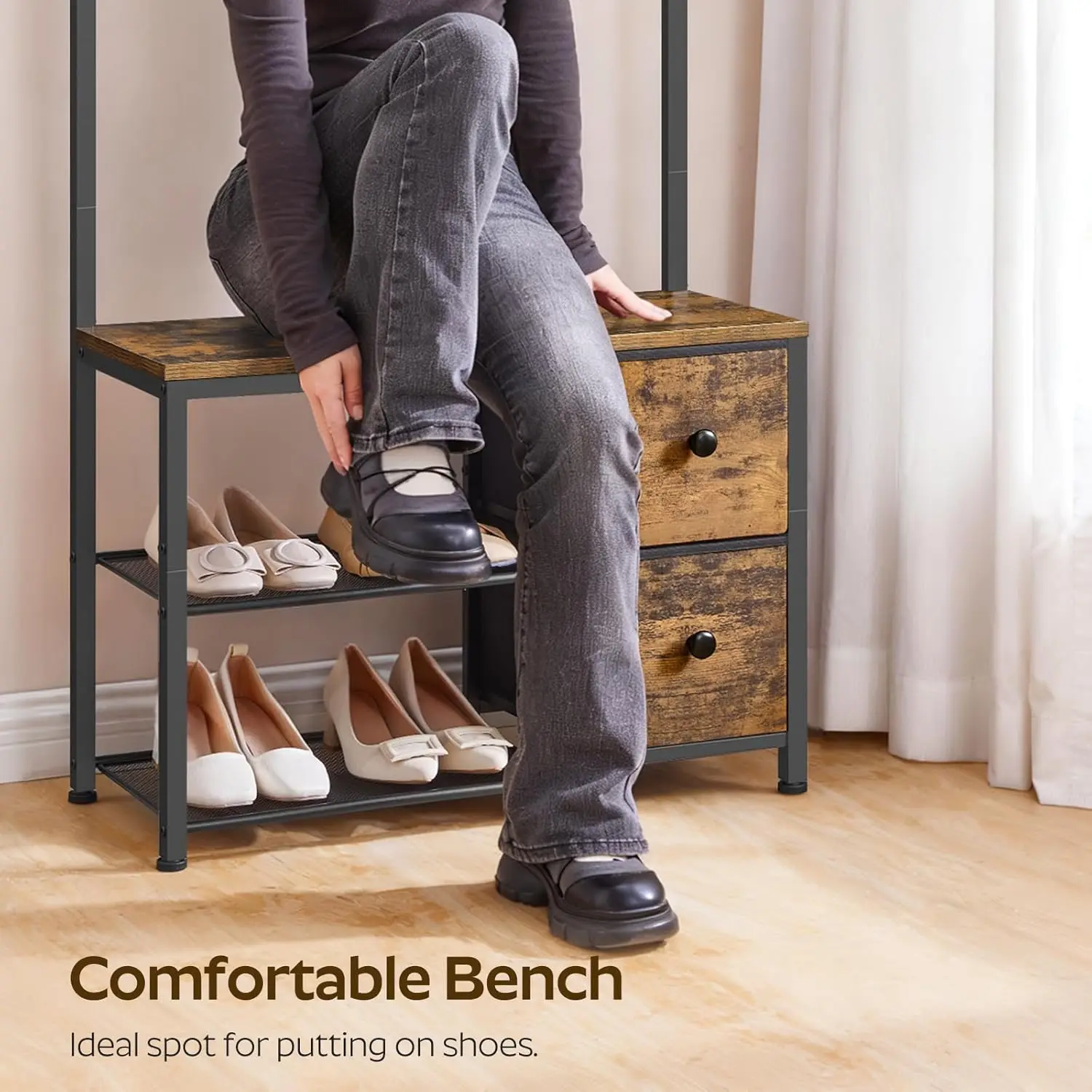 5-in-1 Hall Tree with Drawers, Industrial Entryway Bench, Adjustable Coat Rack & Shoe Storage, Rustic Brown Black MT06BR